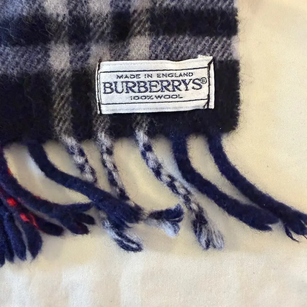 Vintage Burberry Blue Check Fringe Scarf 100% Wool Made in England